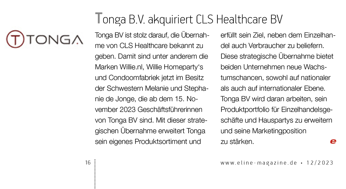 2023-12 eLine - Tonga akquiriert CLS Healthcare